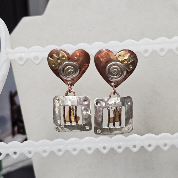 BOLIN “Caged Heart” Mixed Metal Earrings 925 Rare Artisan - Picture 8 of 14